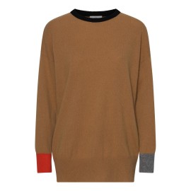 Camelfarvet sweater med detaljer i sort, grå og orange