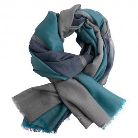 Trefarvet pashmina sjal i petroleumsblå og grå farver